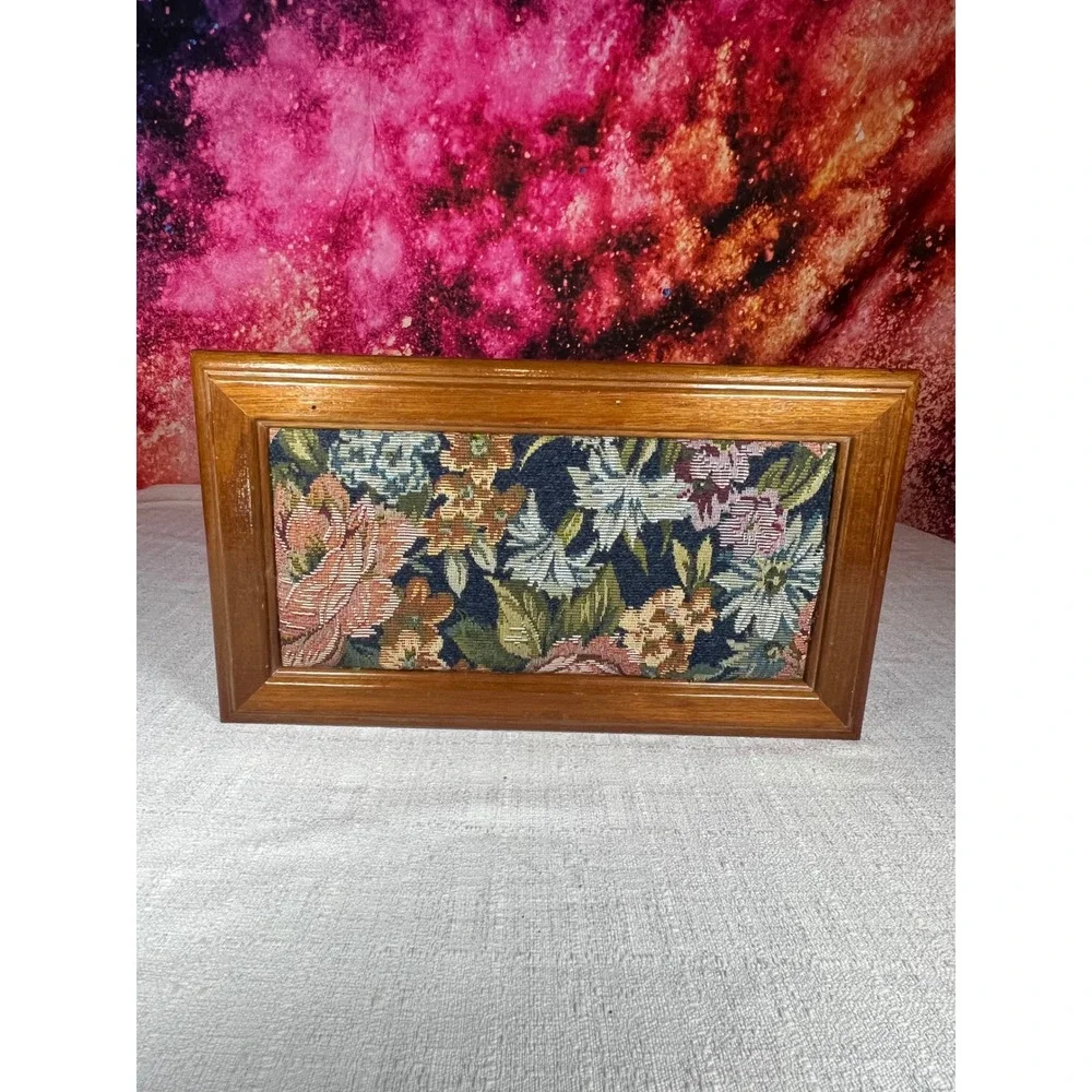 Vintage 1970s Floral Tapestry Jewelry Box Wood Mirrored Vanity Keepsake Box